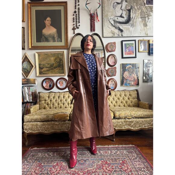 70s Faux Leather Chocolate Leather Trench Coat Size M/L 32" by Amerex - Picture 2 of 14